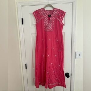 Madison Mathews Elysa Maxi Dress Pink Cotton Tunic Embroidered Flower XS